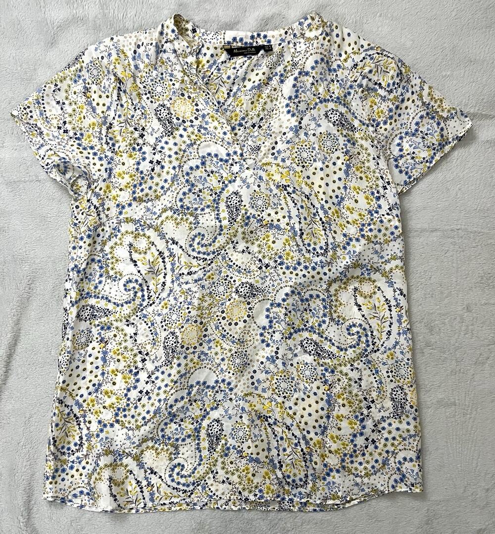 Massimo Dutti Sz US6 Blouse Yellow Blue Paisley Floral Resort Portugal Made Boho